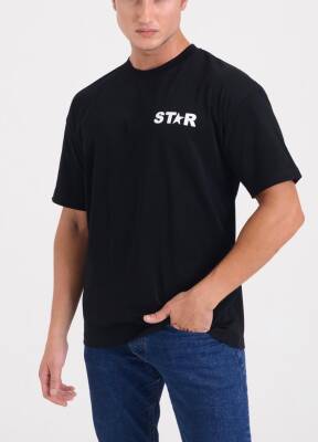 STAR ERKEK SİYAH YARIM YILDIZ BASKILI OVERSİZE T- SHİRT SİYAH