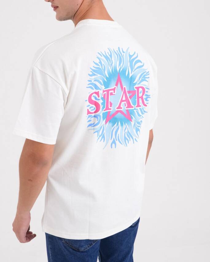 STAR ERKEK BEYAZ OVERSİZE ALEV BASKILI T-SHİRT - 3