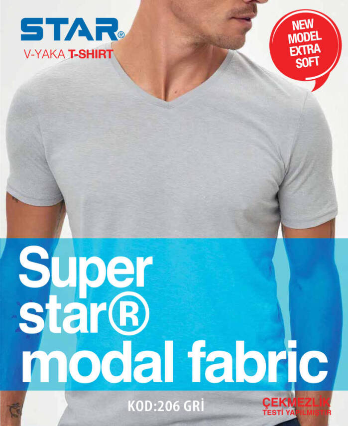 STAR ERKEK GRİ MODAL V YAKA T-SHİRT - 2
