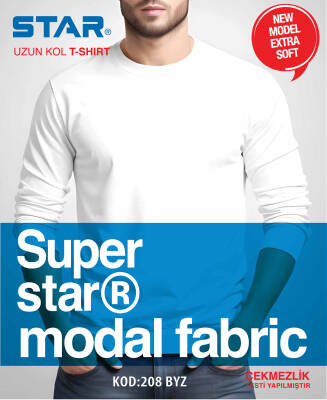 STAR ERKEK MODAL UZUN KOL SIFIR YAKA T-SHİRT BEYAZ