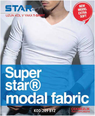 STAR ERKEK MODAL UZUN KOL V YAKA T-SHİRT BEYAZ