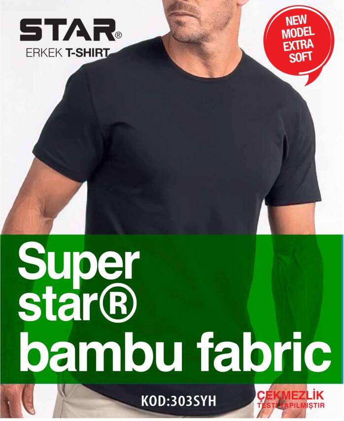 STAR ERKEK SİYAH ORGANİK BAMBU SIFIR YAKA KISAKOL T-SHİRT - 1