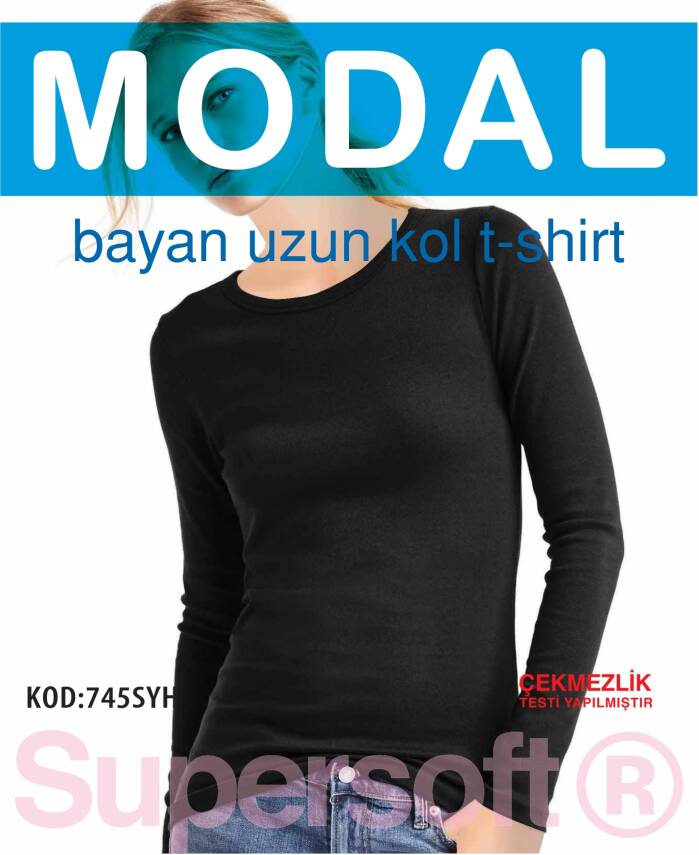 STAR KADIN SİYAH MODAL UZUNKOL T-SHİRT - 1